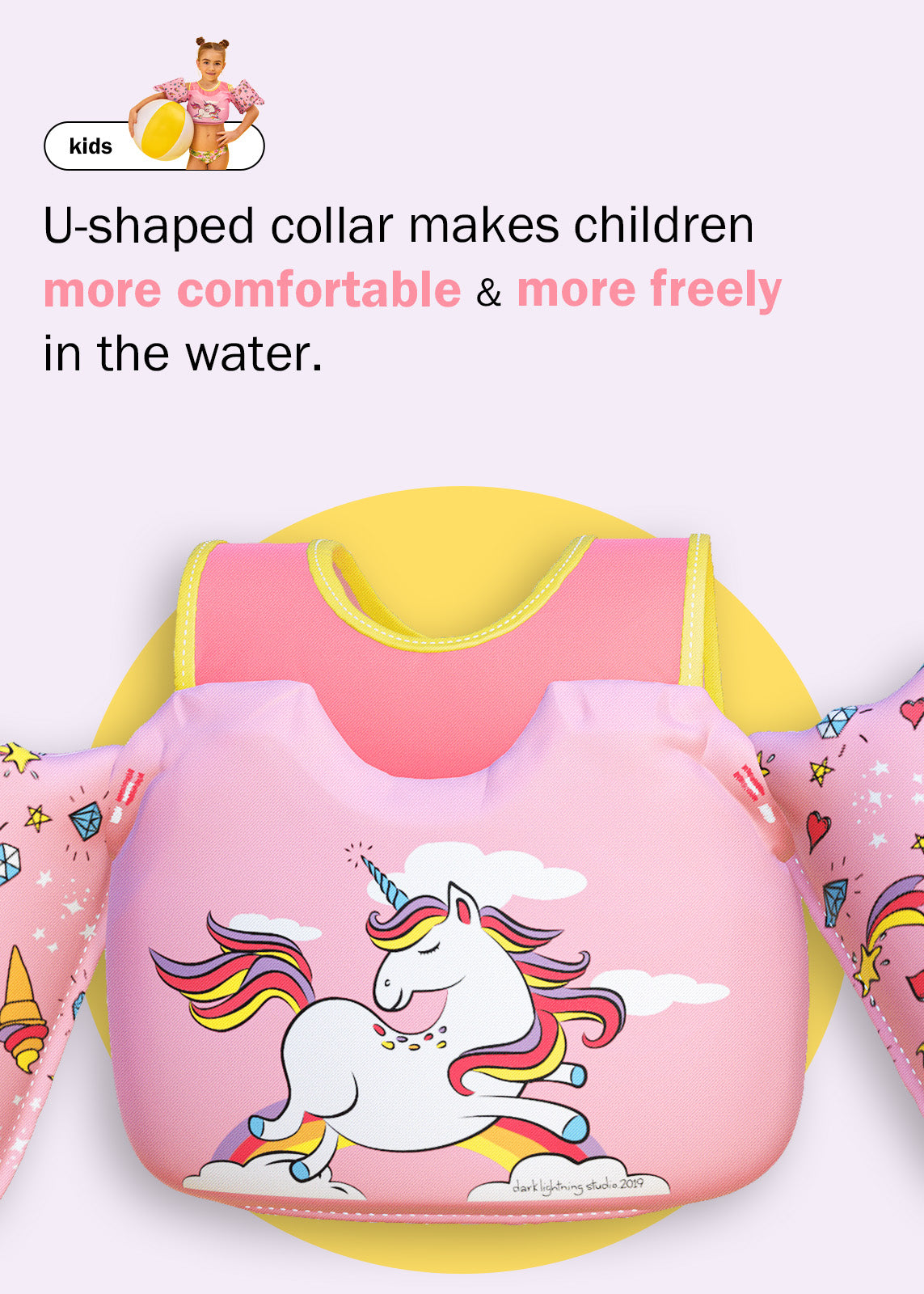 Dark Lightning Kids Swim Vest, Pink Unicorn - Dark Lightning US