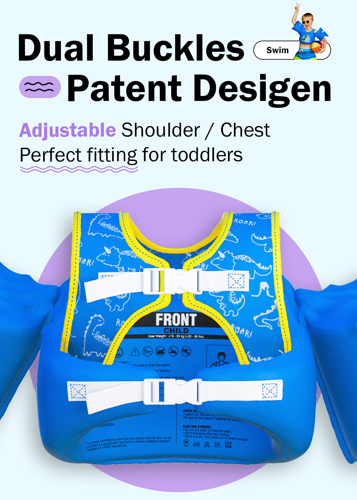 Dark Lightning Kids Swim Vest, Dinosaur - Dark Lightning US