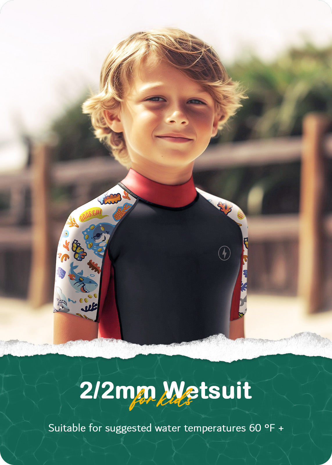 Dark Lightning 3/2mm Kids Printed Short-Sleeved Wetsuit，Black