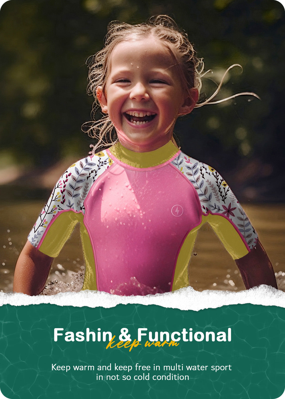 Dark Lightning 3/2mm Kids Printed Short-Sleeved Wetsuit,Pink