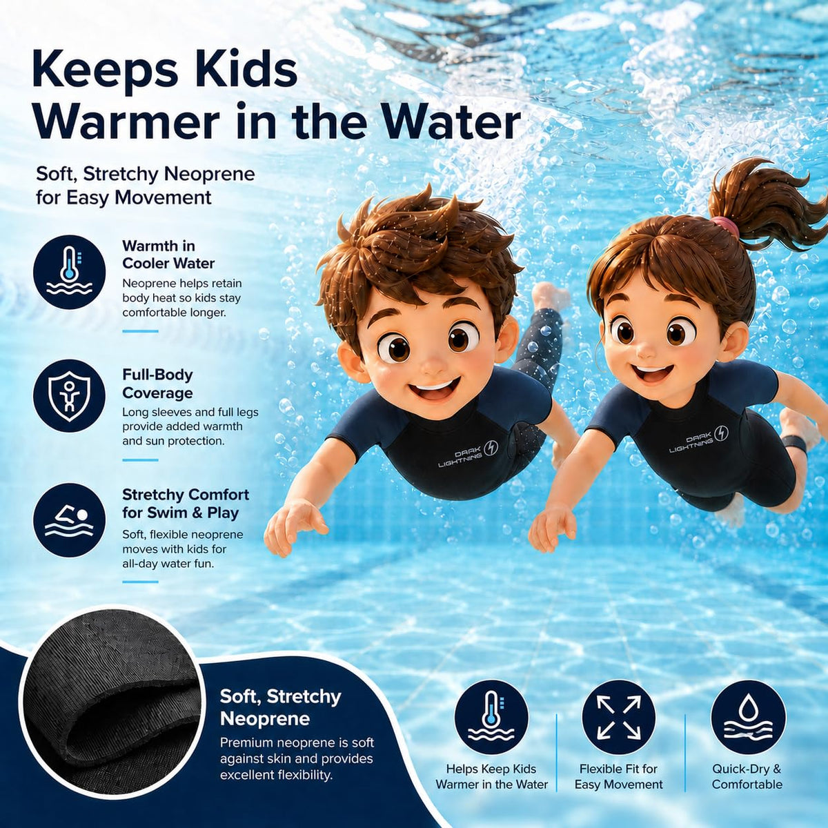 Dark Lightning Kids 2/2mm Shorty Wetsuit for Boys & Girls - Blue