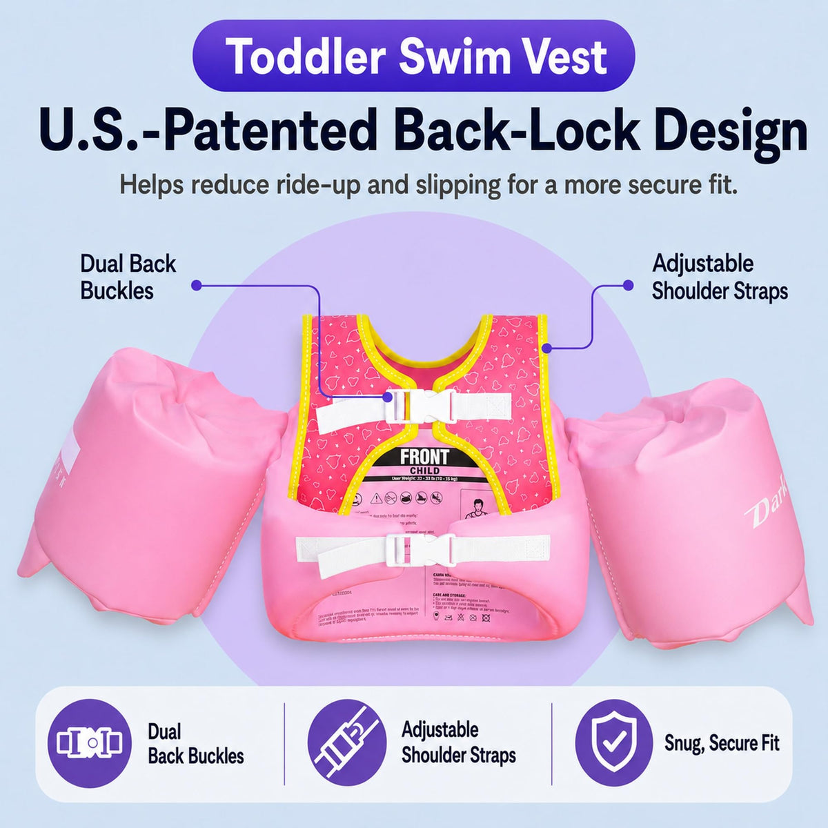 Dark Lightning USCG Approved Toddler Swim Vest, 33–55 lbs – Flamingo - image 2