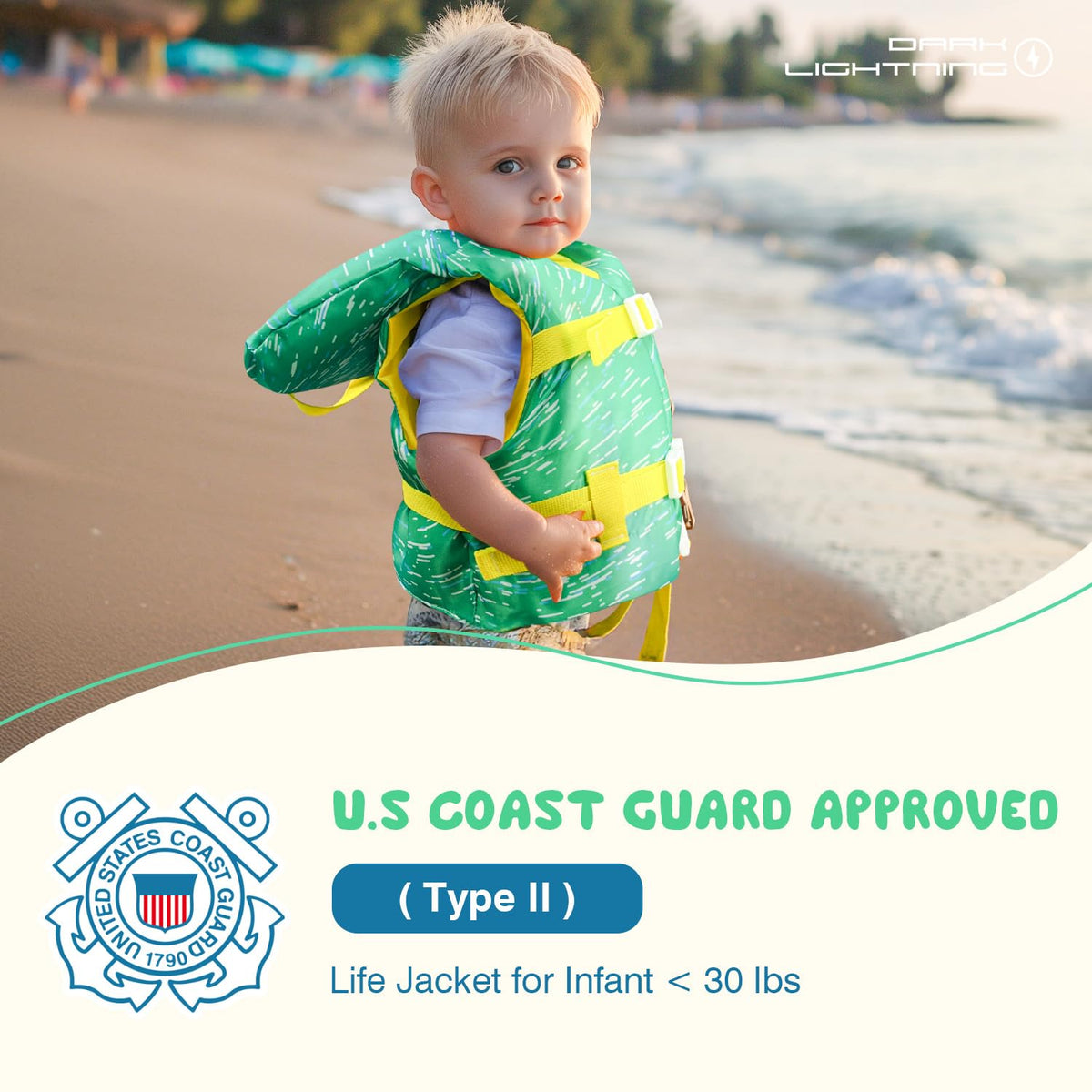 Dark Lightning USCG Approved Infant Life Jacket, Under 30 lbs – Flowing Light Green