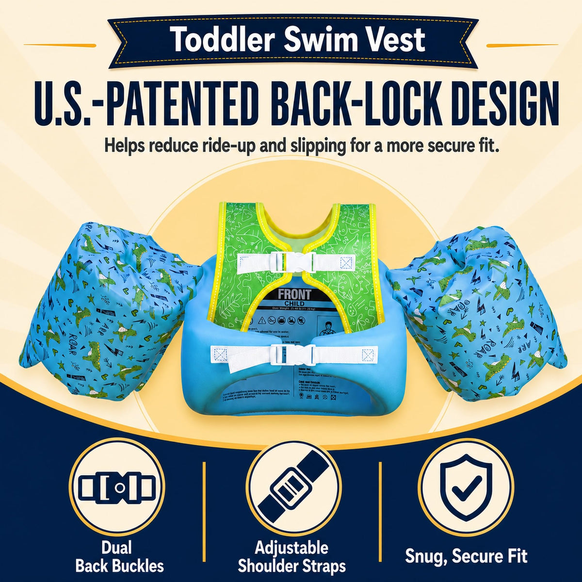 Dark Lightning USCG Approved Toddler Swim Vest, 33–55 lbs – Dinosaur Doll - image 2