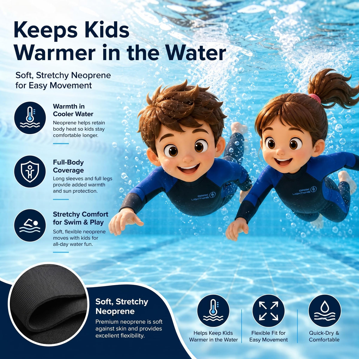 Dark Lightning Kids 3/2mm Full Wetsuit for Boys & Girls – Blue - image 2