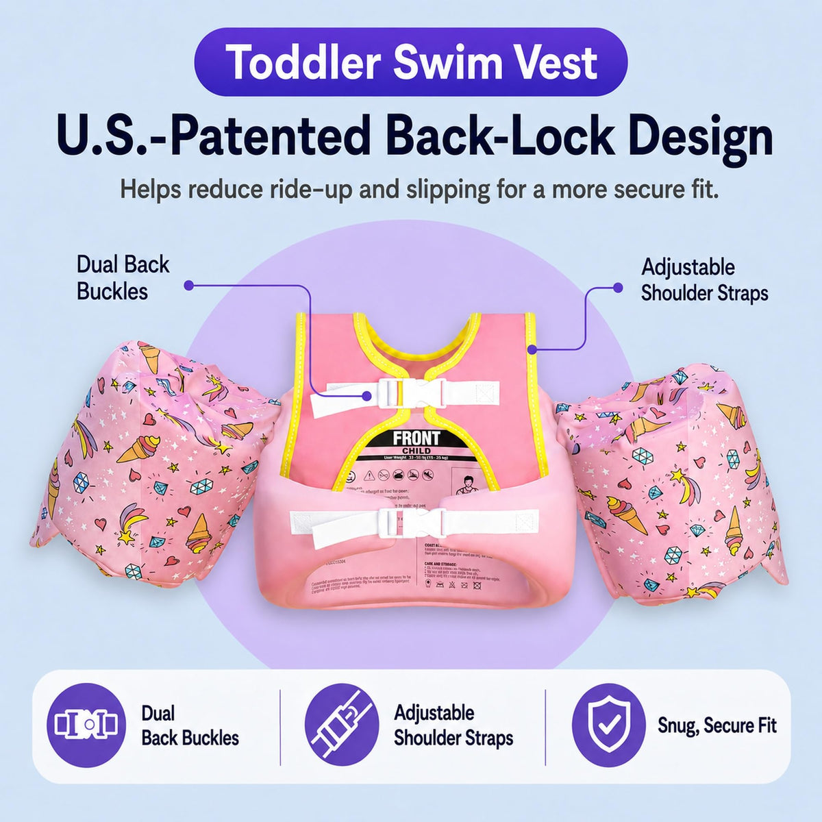 Dark Lightning USCG Approved Toddler Swim Vest, 33–55 lbs – Pink Unicorn - image 2
