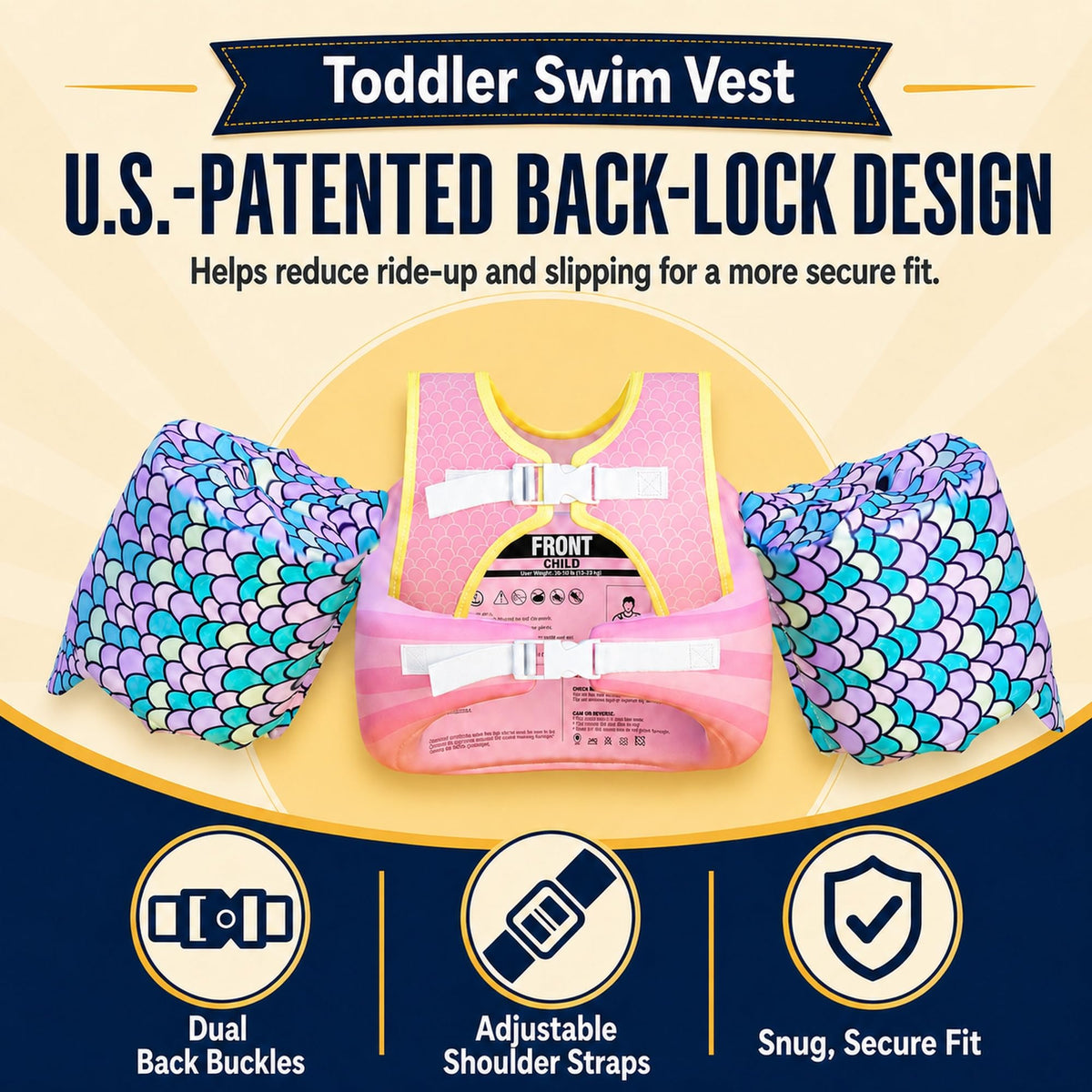 Dark Lightning USCG Approved Toddler Swim Vest, 33–55 lbs – Pink Mermaid