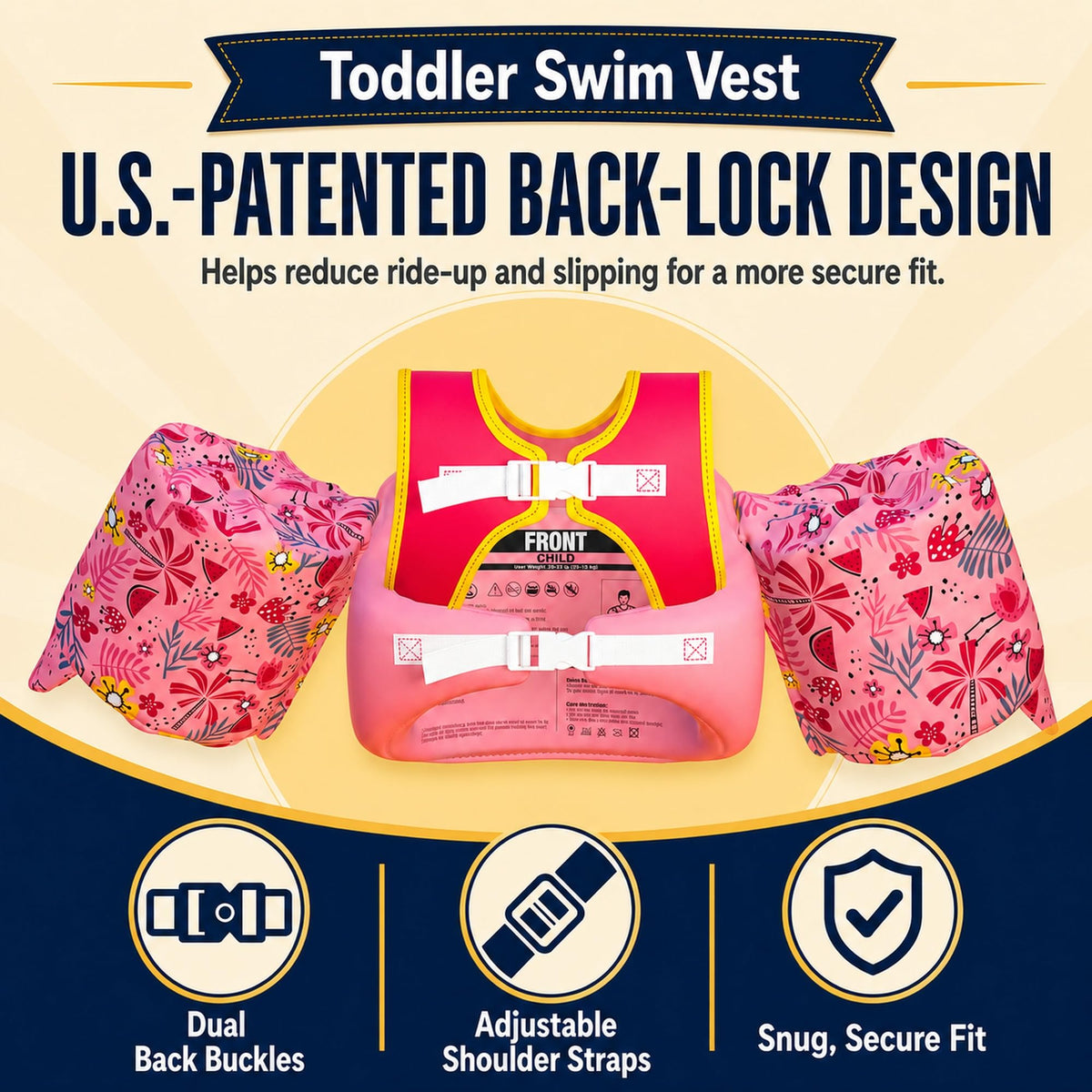 Dark Lightning USCG Approved Toddler Swim Vest, 33–55 lbs – Beach Flamingos - image 2