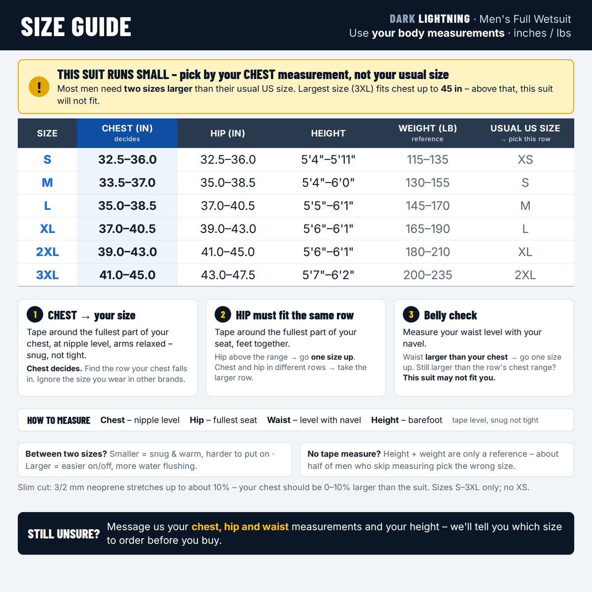 Dark Lightning men's full wetsuit size chart