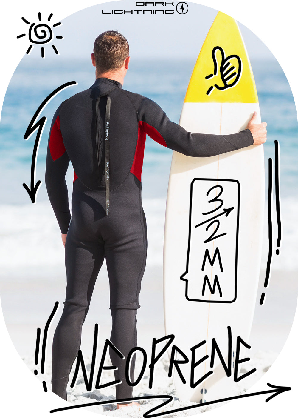Dark Lightning 3/2mm Long-Sleeved Men Wetsuit , Black
