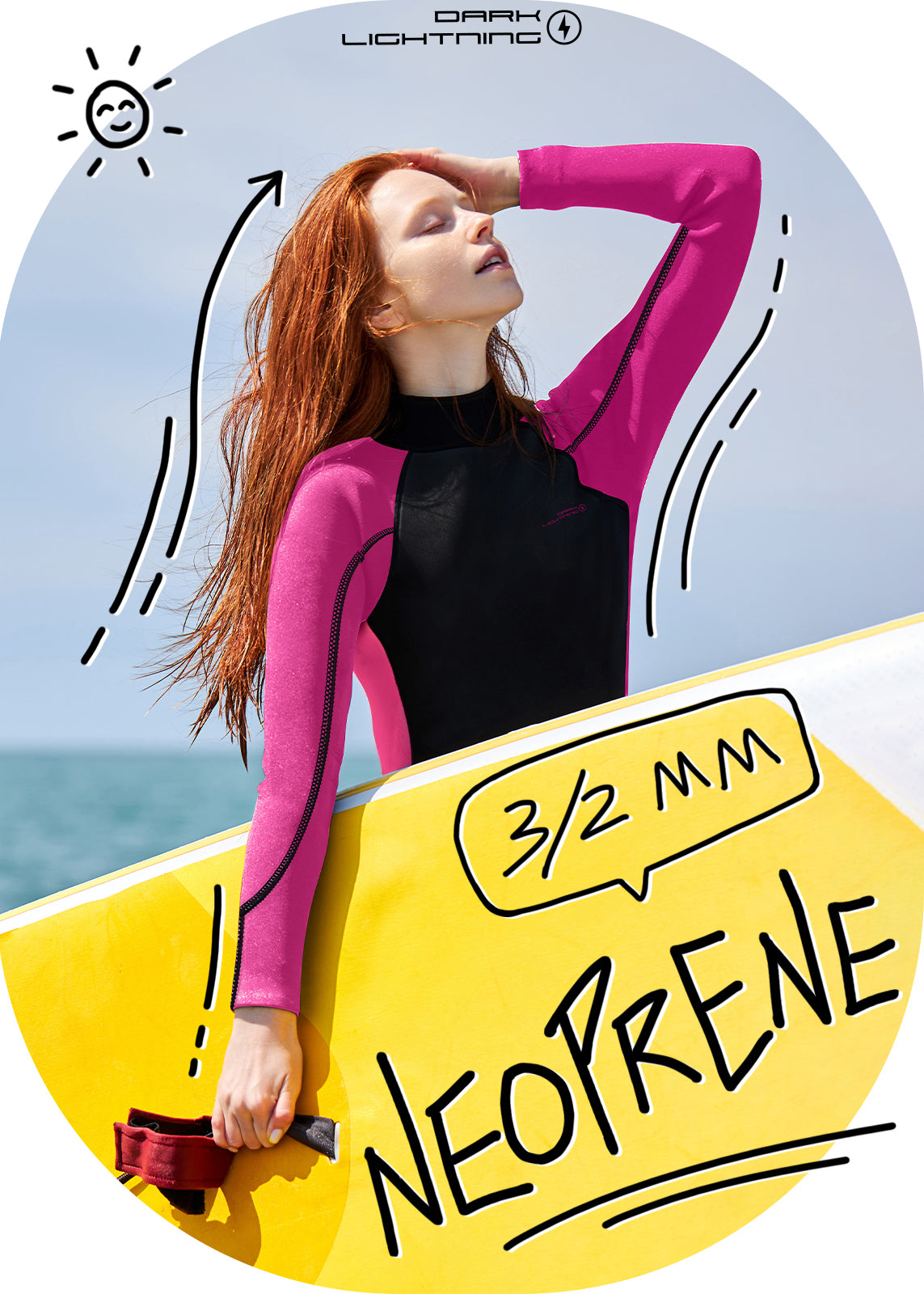 Dark Lightning 3/2mm Long-Sleeved Women Wetsuit , Rose Red