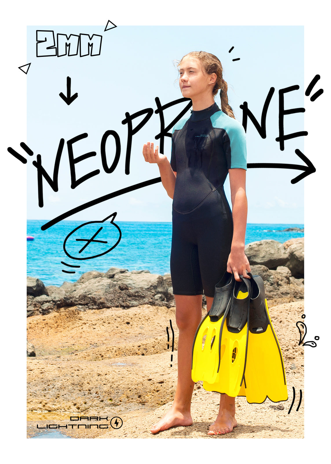 Dark Lightning 3/2mm Short-Sleeved Men Wetsuit , Black