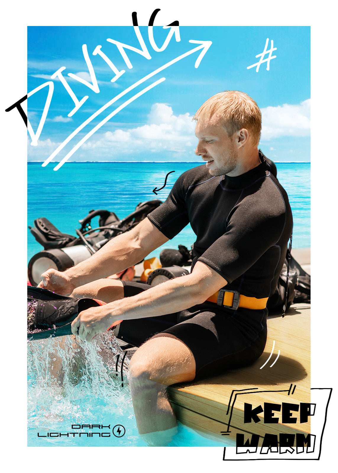 Dark Lightning 3/2mm Short-Sleeved Men Wetsuit , Black