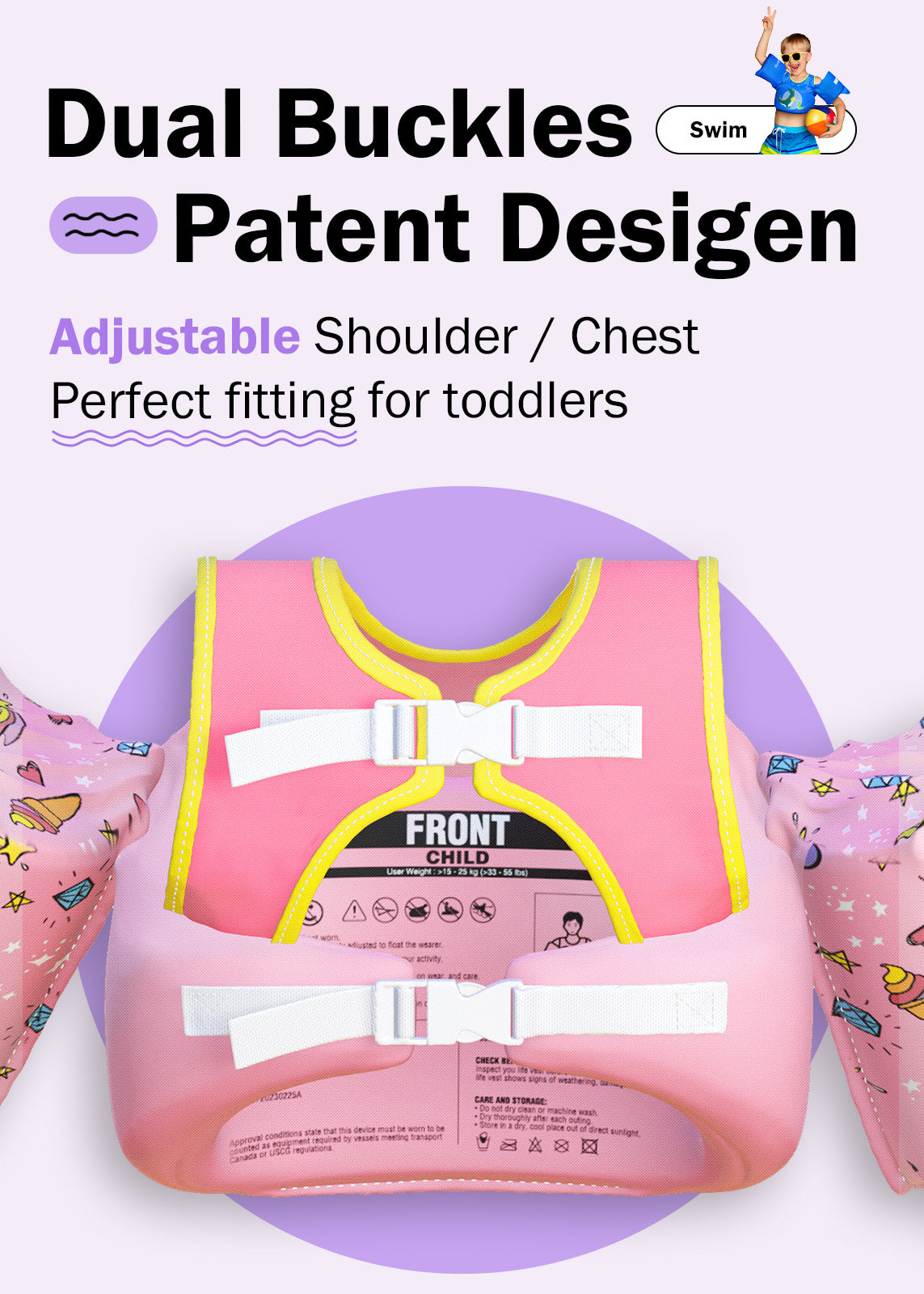 Dark Lightning Kids Swim Vest, Pink Unicorn