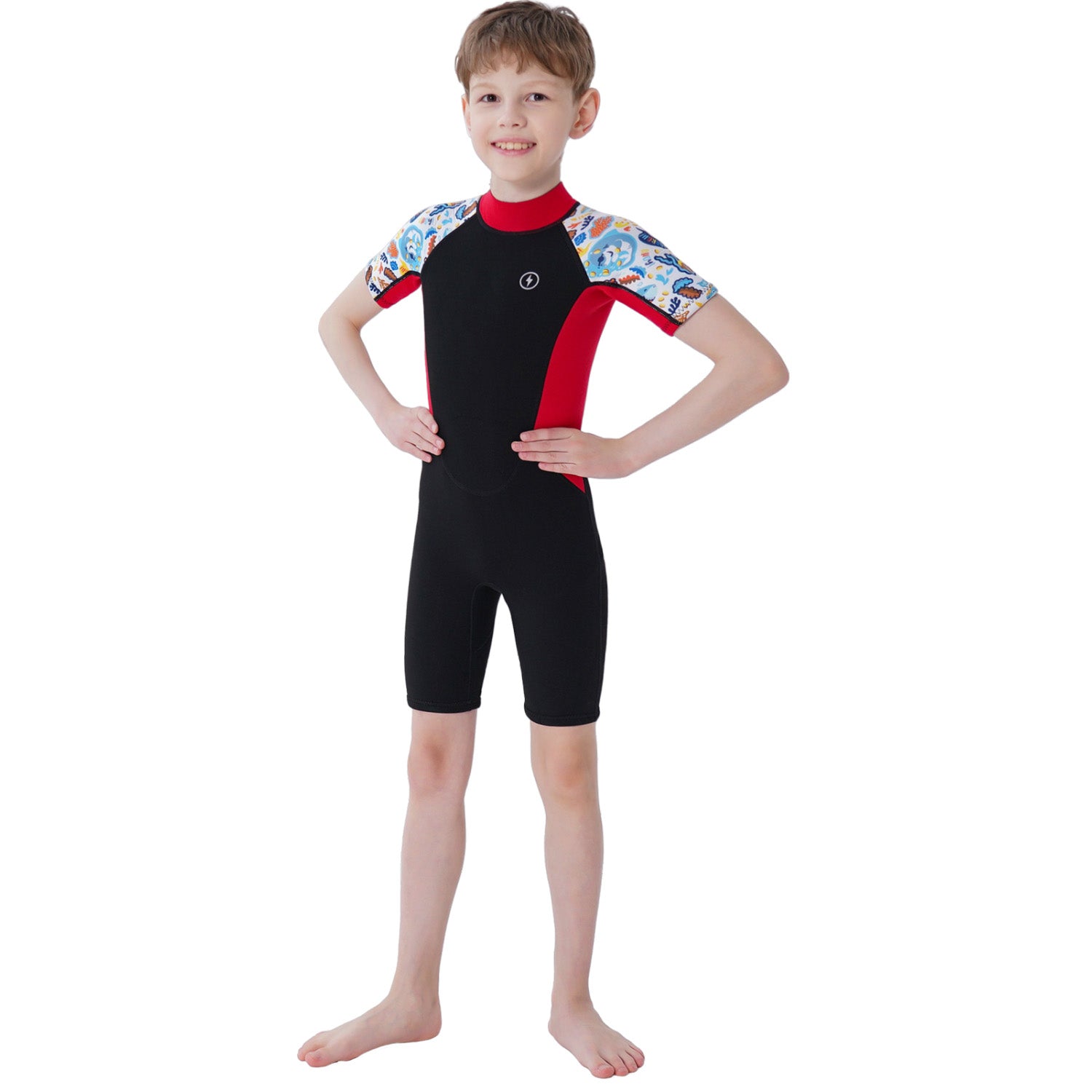 Dark Lightning 3/2mm Kids Printed Short-Sleeved Wetsuit，Black