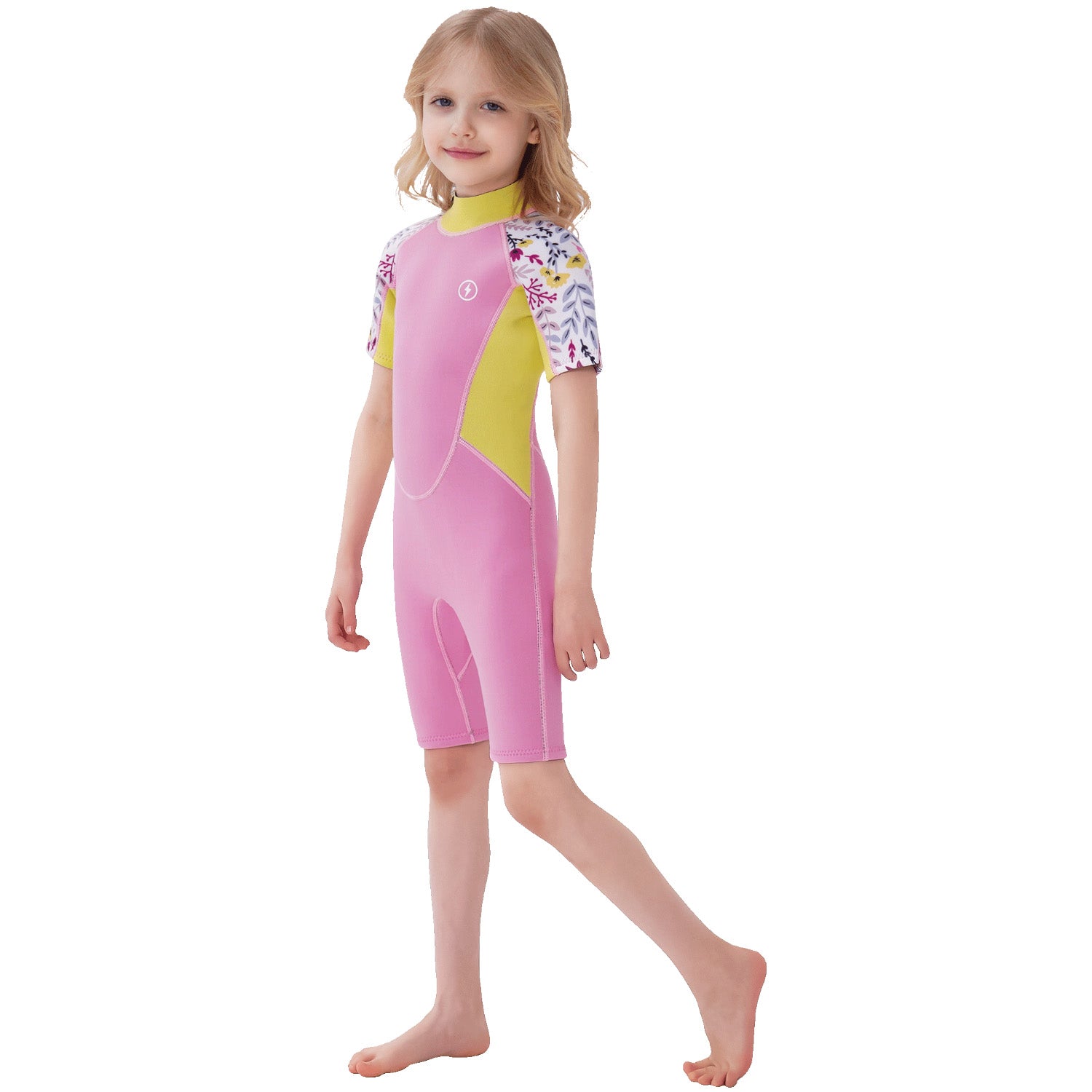 Dark Lightning 3/2mm Kids Printed Short-Sleeved Wetsuit，Pink