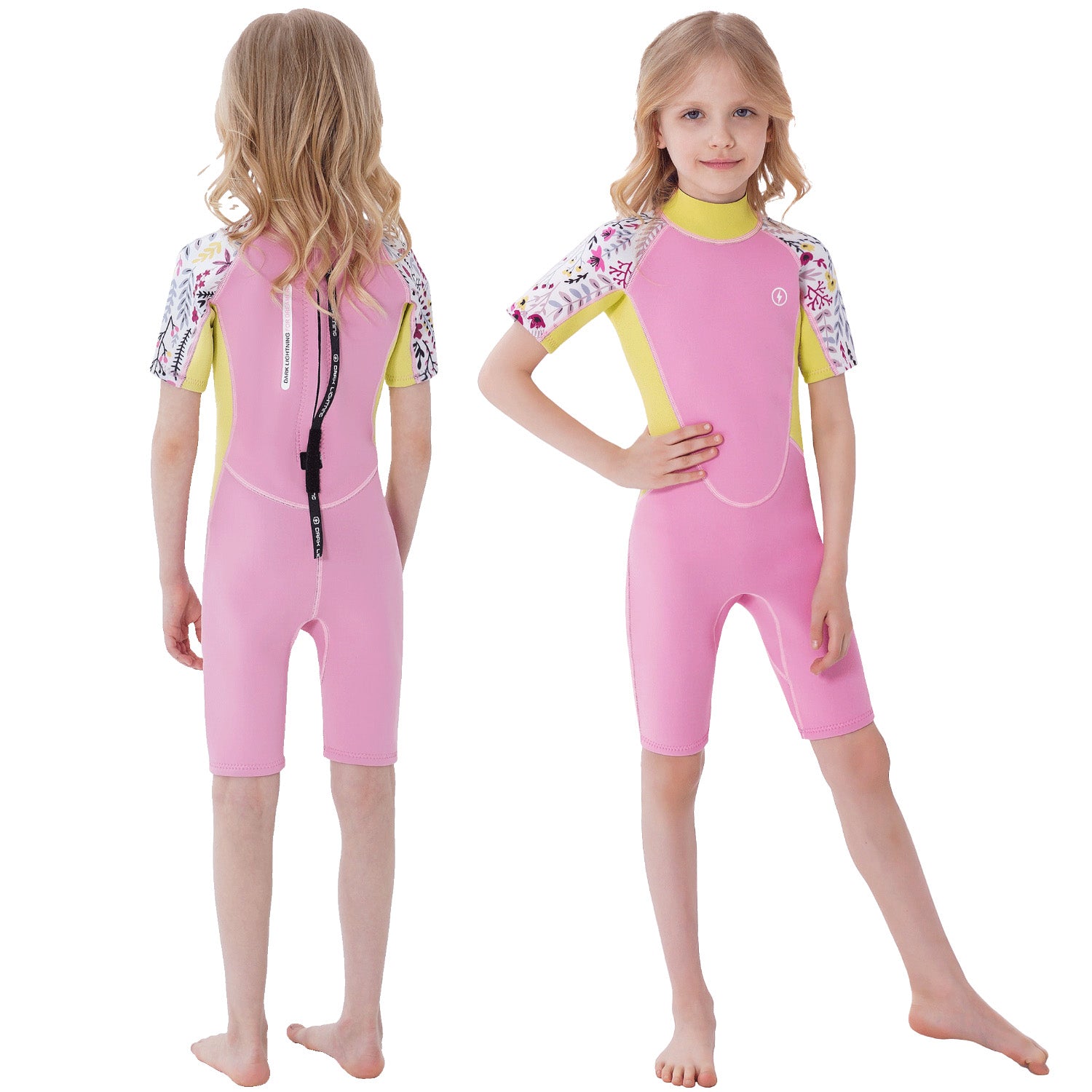 Dark Lightning 3/2mm Kids Printed Short-Sleeved Wetsuit，Pink