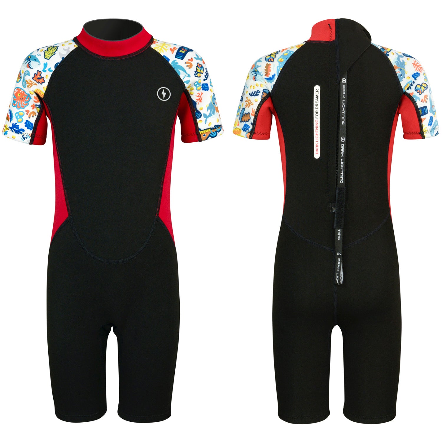 Dark Lightning 3/2mm Kids Printed Short-Sleeved Wetsuit，Black