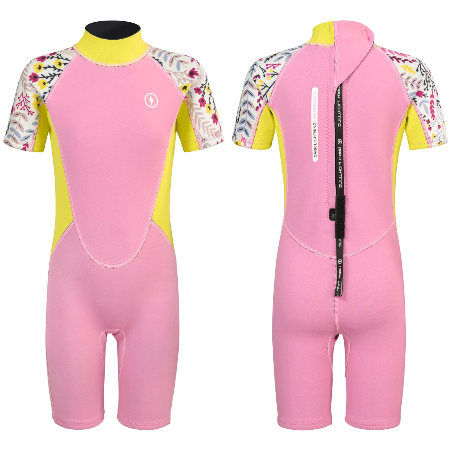 Dark Lightning 3/2mm Kids Printed Short-Sleeved Wetsuit，Pink