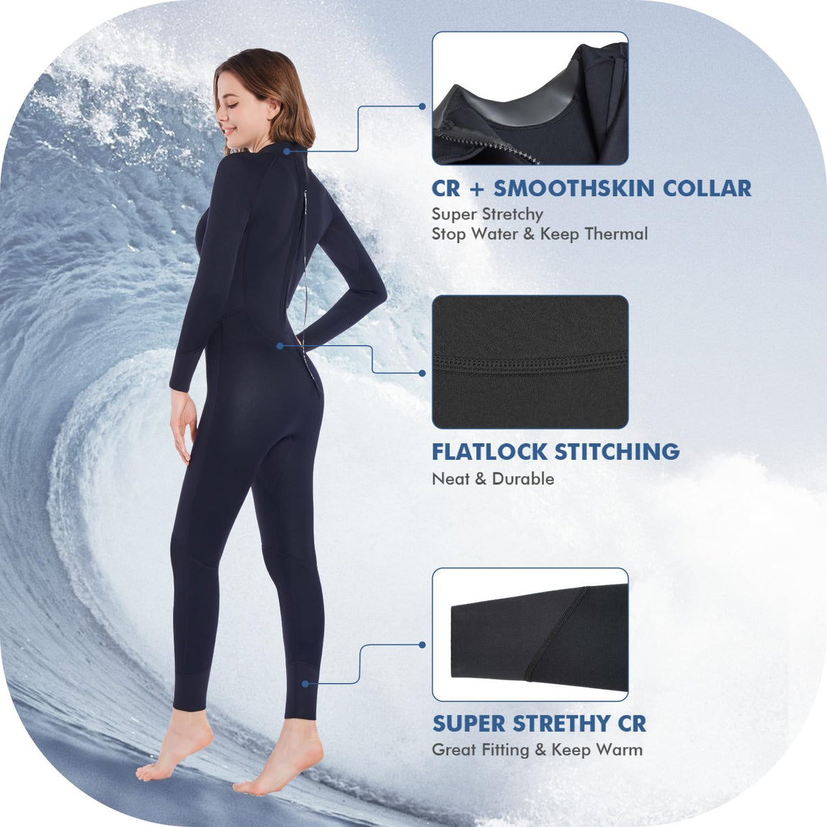 Dark Lightning Women's 3/2mm Full Wetsuit, Back Zip – Black - image 2