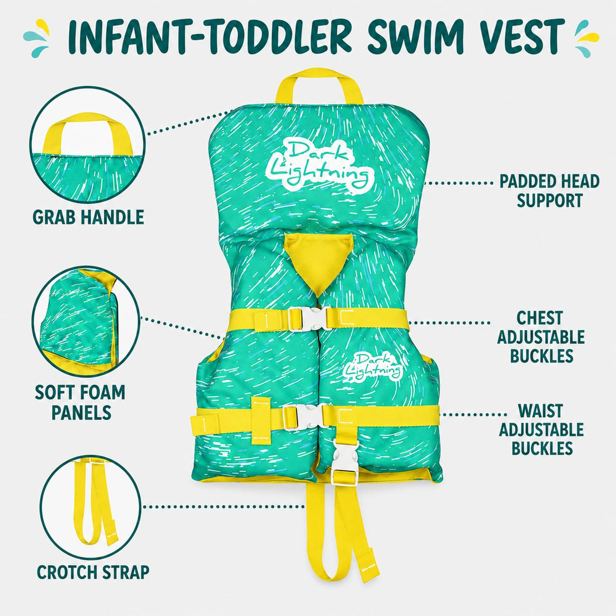 Dark Lightning USCG Approved Infant Life Jacket, Under 30 lbs – Flowing Light Green
