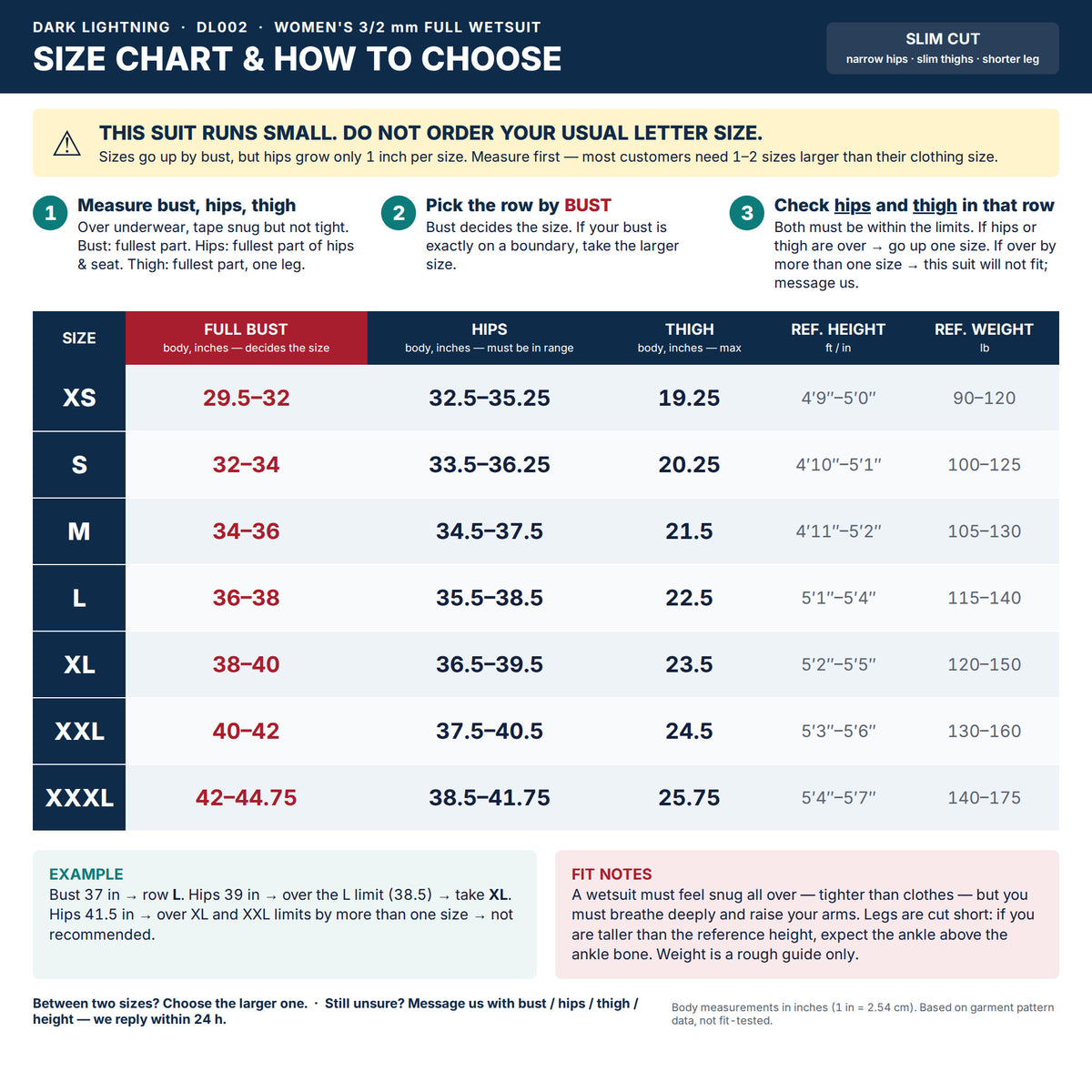Dark Lightning women's 3/2mm full wetsuit size chart
