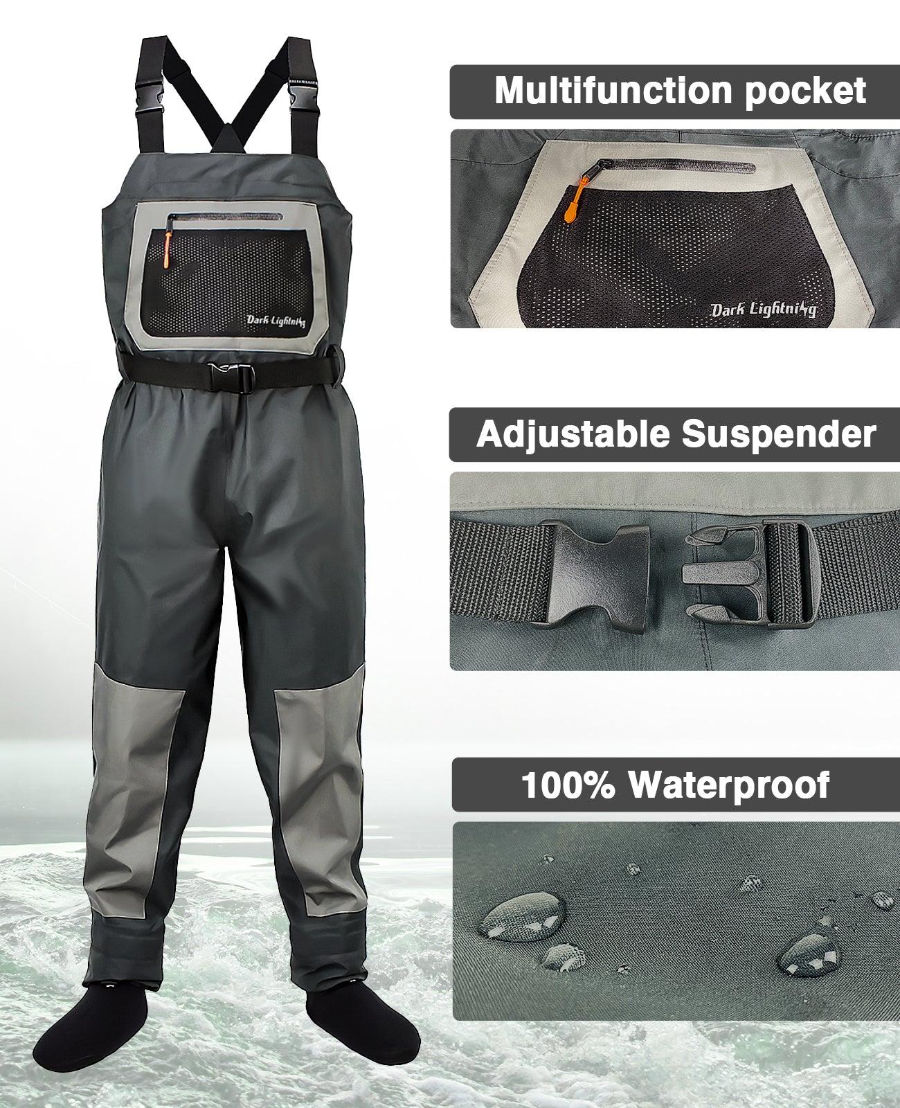 Dark Lightning Chest Waders，Breathable Pro